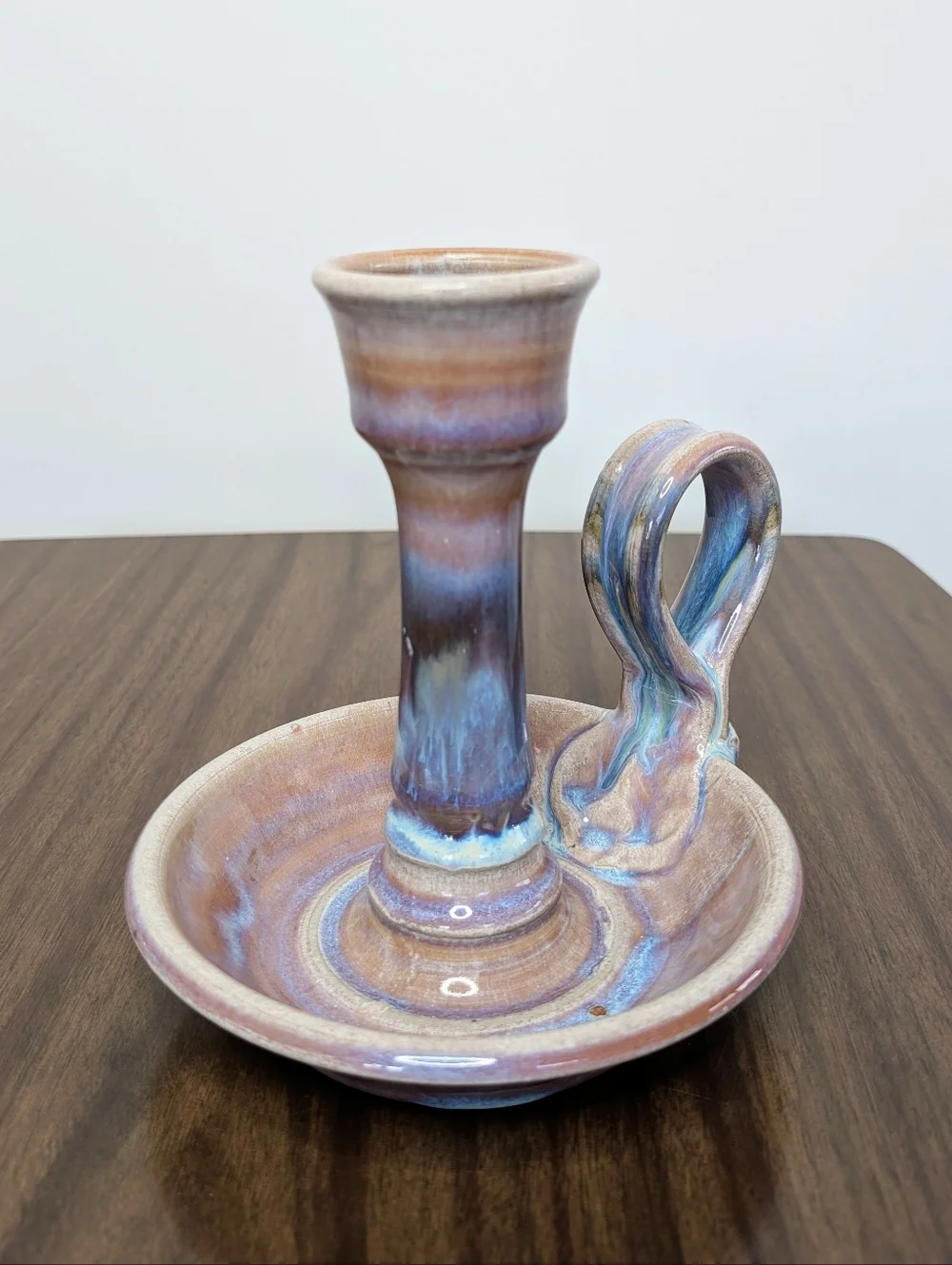 Light Purple, Blue, Tan Handmade Studio Pottery Ceramic Chamber Candle Holder